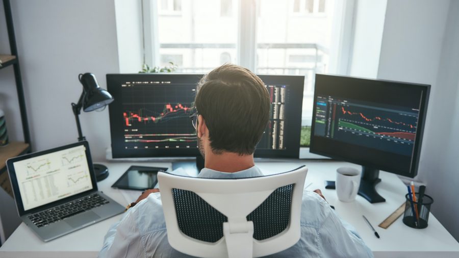 Trading stocks online. Back view of young businessman or trader working with graph and charts on